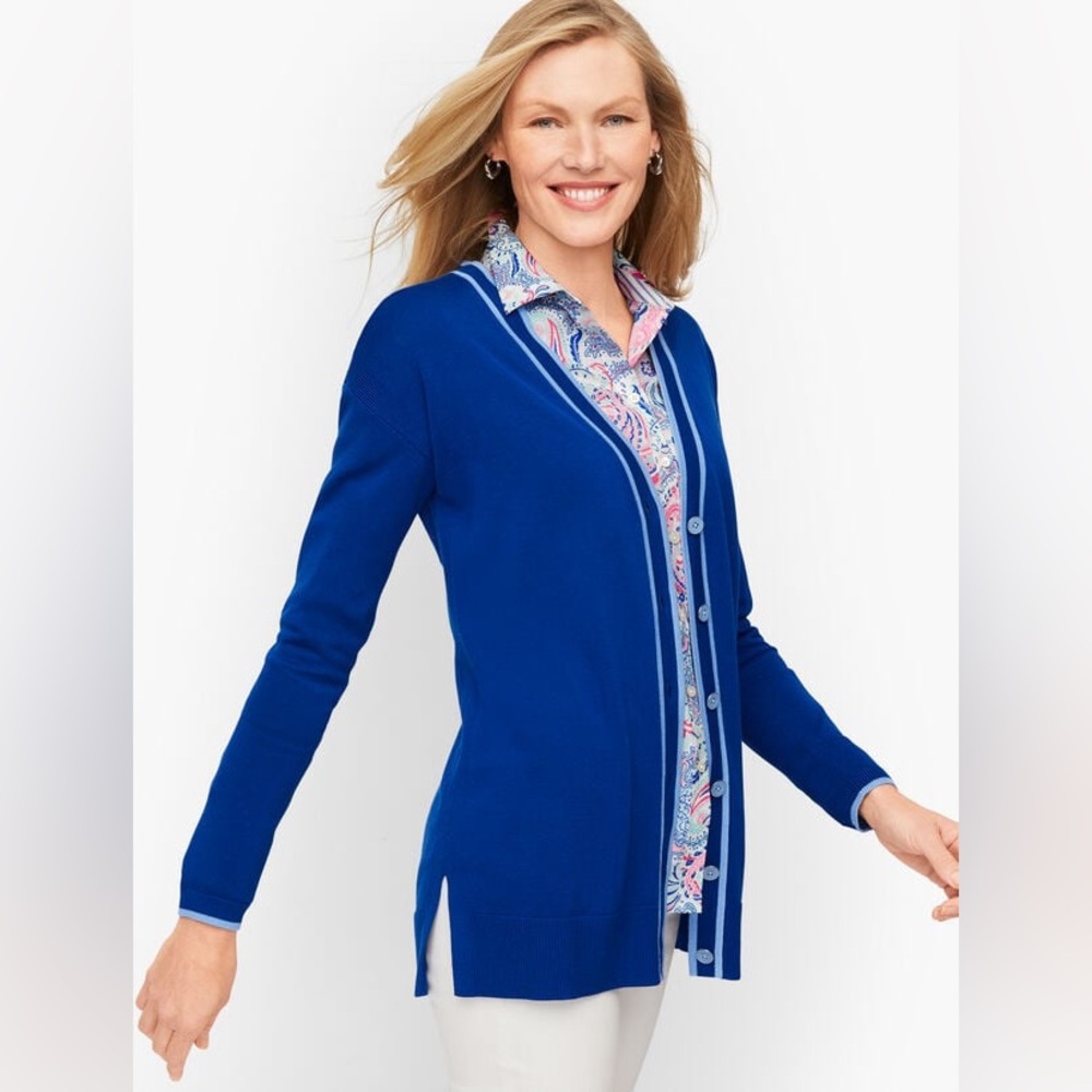 Talbots Royal Blue Cardigan with Light Blue Trim